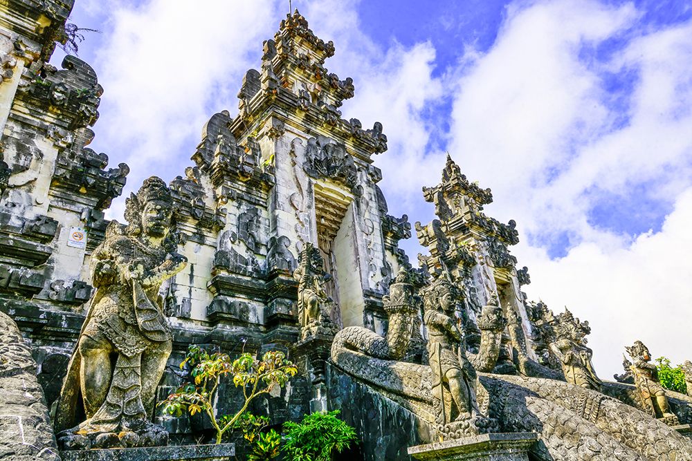 Grounds of Heavens Gate with seven temples overlooking Balis highest volcano mount Agung